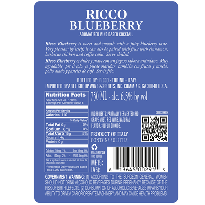 Ricco Blueberry Flavored Wine - 750ML - Back Label