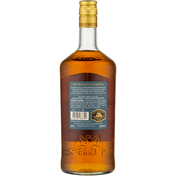 Bacardi Aged Rum Anejo Cuatro 4 Yr 80 - 1.0L - Back