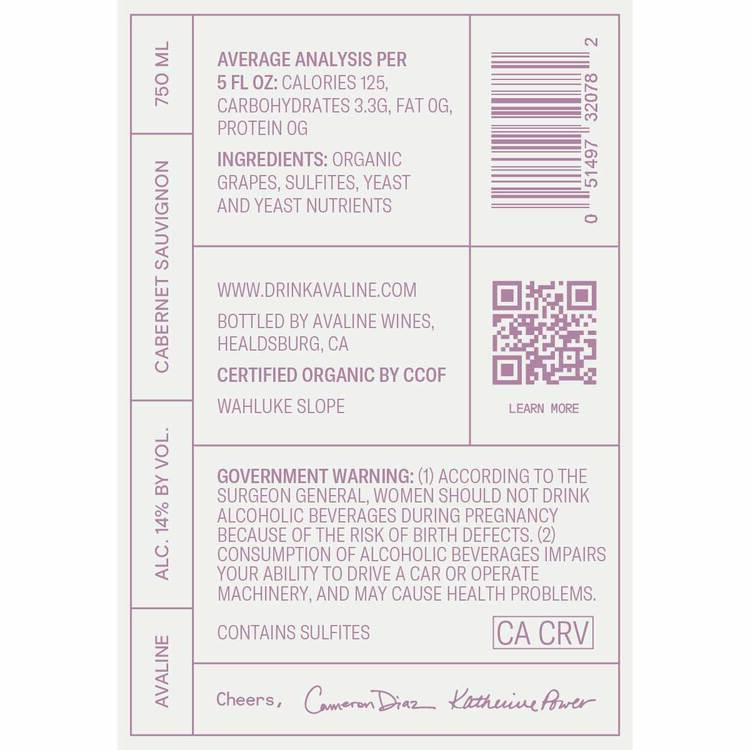 Avaline Cabernet Sauvignon Wahluke Slope Made With Organic Grapes - 750ML