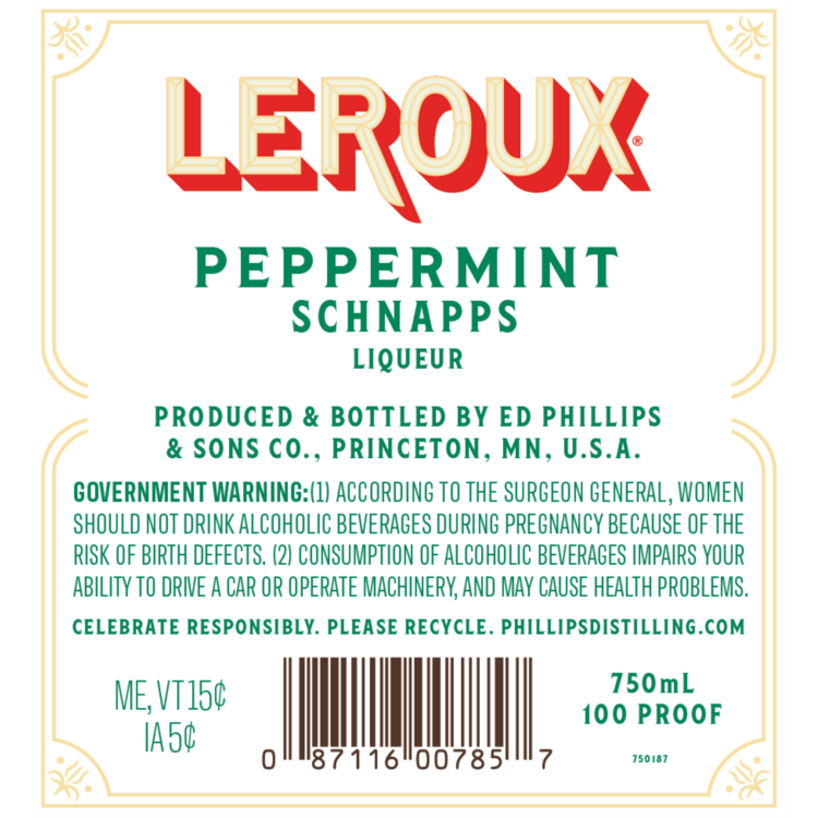 Leroux Mint Schnapps 100 - 750ML - Back Label