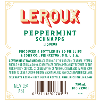 Leroux Mint Schnapps 100 - 750ML - Back Label