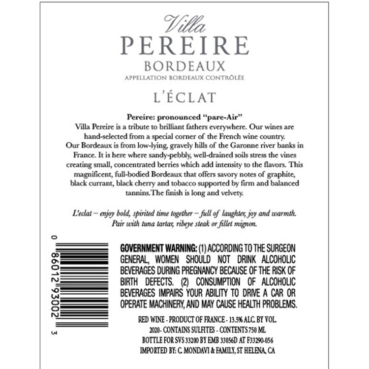 Villa Pereire Bordeaux Rouge L'Eclat 2020 - 750ML - Back Label