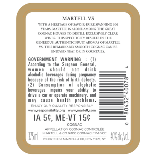 Martell Cognac Vs 80 - 375ML - Back Label