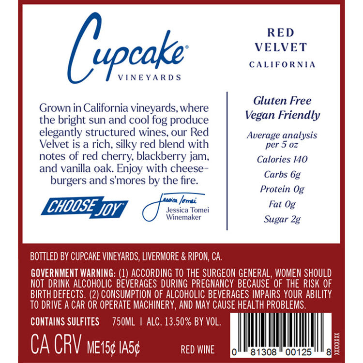 Cupcake Vineyards Red Velvet California - 750ML - Back