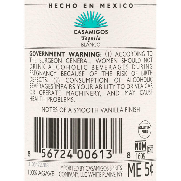 Casamigos Tequila Blanco 80 - 50ML - Back Label