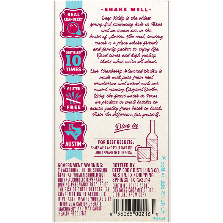 Deep Eddy Cranberry Flavored Vodka 70 - 750ML - Back Label