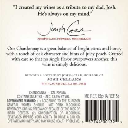 Josh Cellars Chardonnay California - 375ML - Back Label
