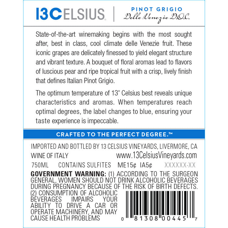 13 Celsius Pinot Grigio Delle Venezie - 750ML - Back Label