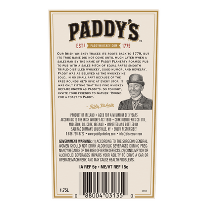 Paddy Blended Irish Whiskey 80 - 1.75L - Back Label