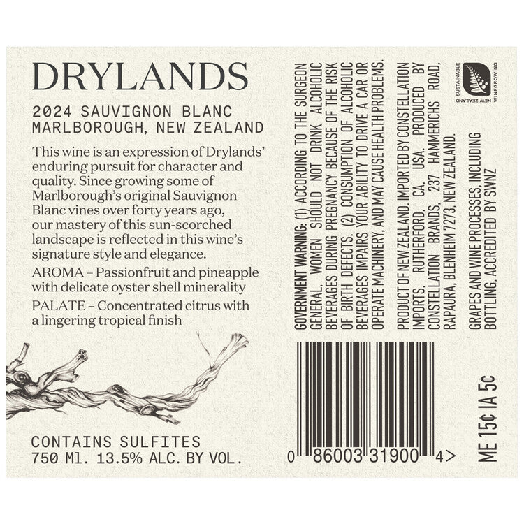 Drylands Sauvignon Blanc Marlborough - 750ML - Back Label