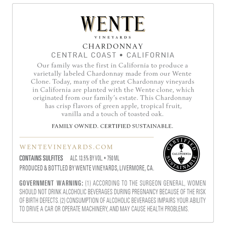 Wente Vineyards Chardonnay Restaurant Cuvee Central Coast - 750ML - Back Label