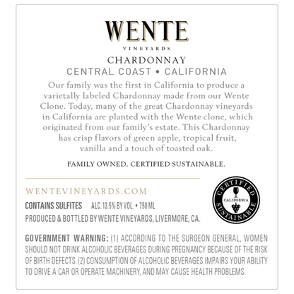 Wente Vineyards Chardonnay Restaurant Cuvee Central Coast - 750ML - Back Label