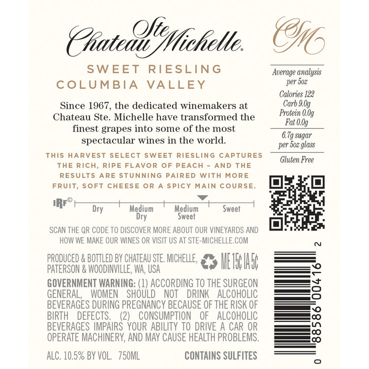 Chateau Ste. Michelle Sweet Riesling Harvest Select Columbia Valley - 750ML - Back Label