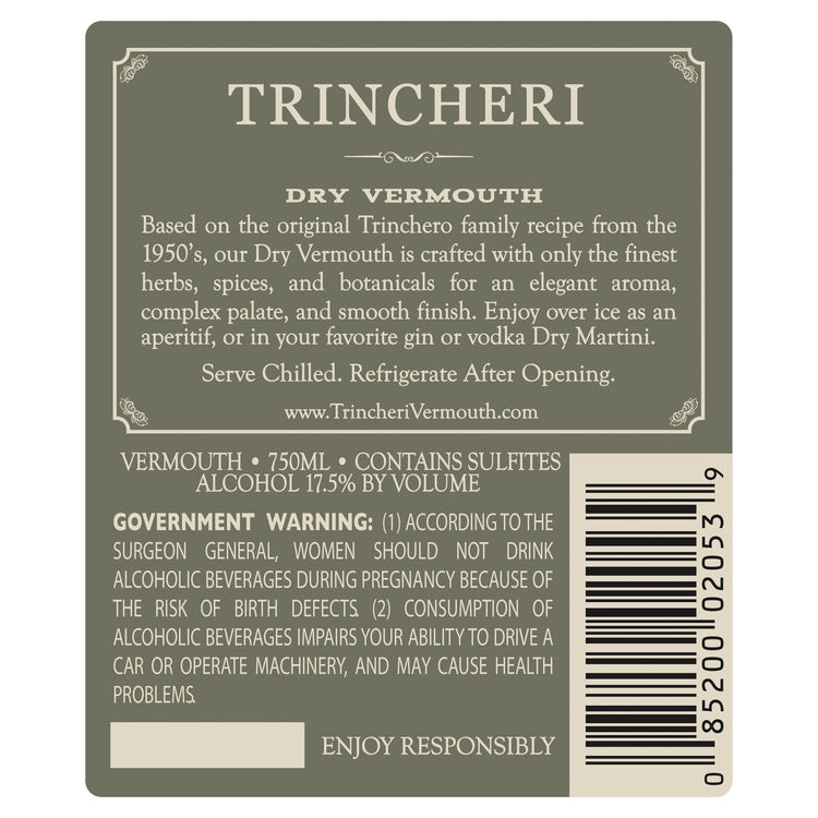 Trincheri Vermouth Dry - 750ML - Back Label