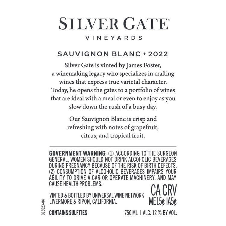 Silver Gate Vineyards Sauvignon Blanc California - 750ML - Back