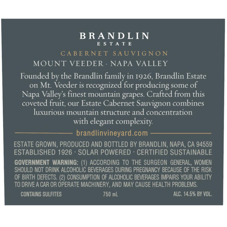 Brandlin Cabernet Sauvignon Brandlin Vineyard Mount Veeder 2019 - 750ML - Back Label