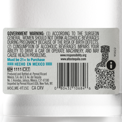 Olmeca Altos Tequila Plata 80 W/ Powell & Mahoney Margarita Mix - 750ML - Back Label