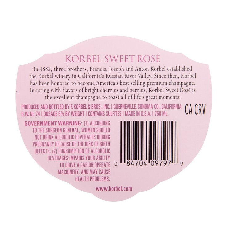 Korbel Sweet Rose California - 750ML - Back Label