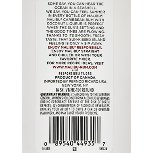 Malibu Coconut Flavored Rum Original 42 - 200ML - Back Label