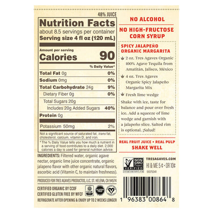 Tres Agaves Spicy Margarita Mix - 1.0L - Back Label