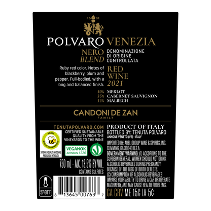 Tenuta Polvaro Cabernet Sauvignon/Merlot/Syrah Polvaro Nero Venezia 20 - 750ML - Back Label