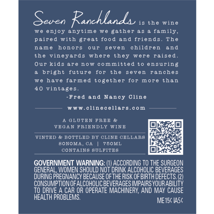 Cline Pinot Noir Seven Ranchlands Sonoma County 2023 - 750ML - Back Label