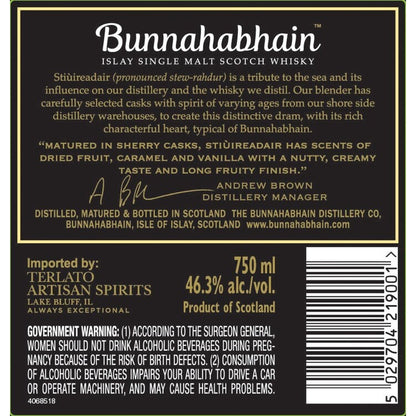 Bunnahabhain Single Malt Scotch Stiuireadair 92.6 - 750ML - Back Label