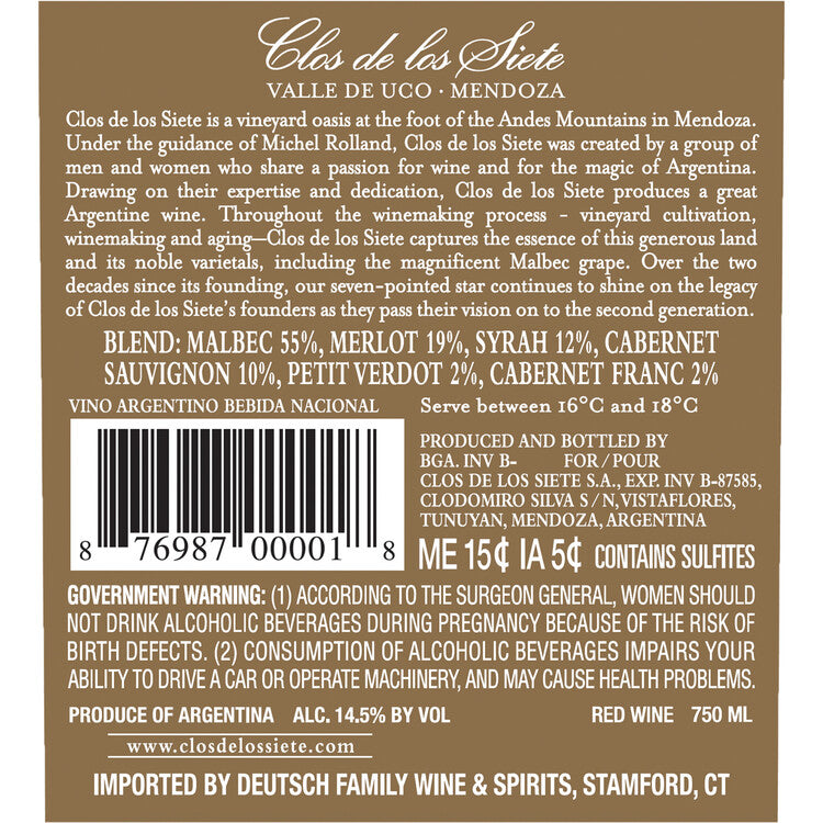 Clos De Los Siete Red Wine Valle De Uco 2021 - 750ML - Back Label