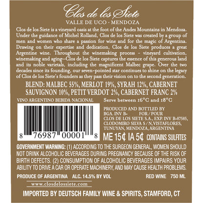 Clos De Los Siete Red Wine Valle De Uco 2021 - 750ML - Back Label