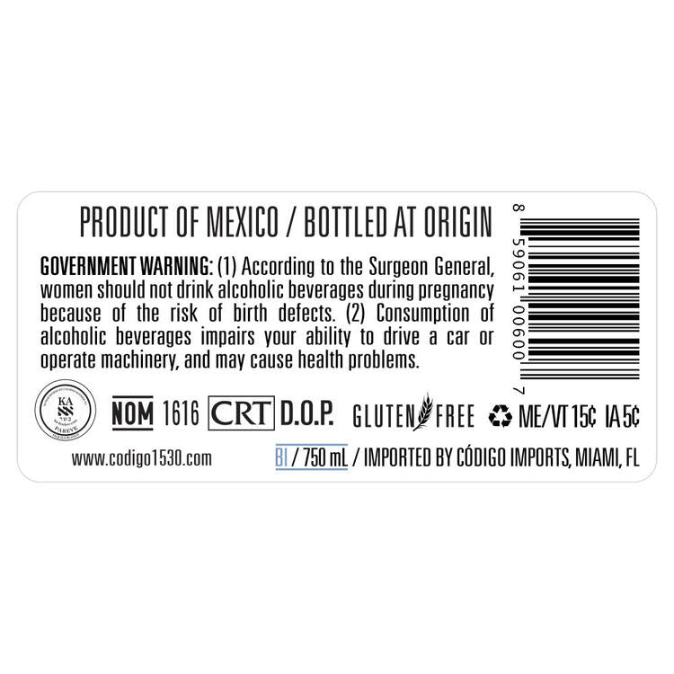 Codigo 1530 Tequila Blanco 80 - 750ML - Back Label