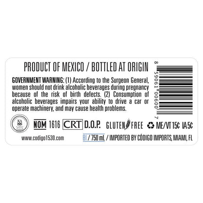 Codigo 1530 Tequila Blanco 80 - 750ML - Back Label
