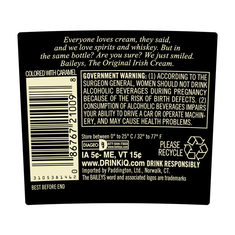 Baileys Irish Cream Liqueur The Original 34 - 375ML - Back Label