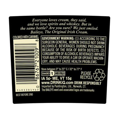 Baileys Irish Cream Liqueur The Original 34 - 375ML - Back Label