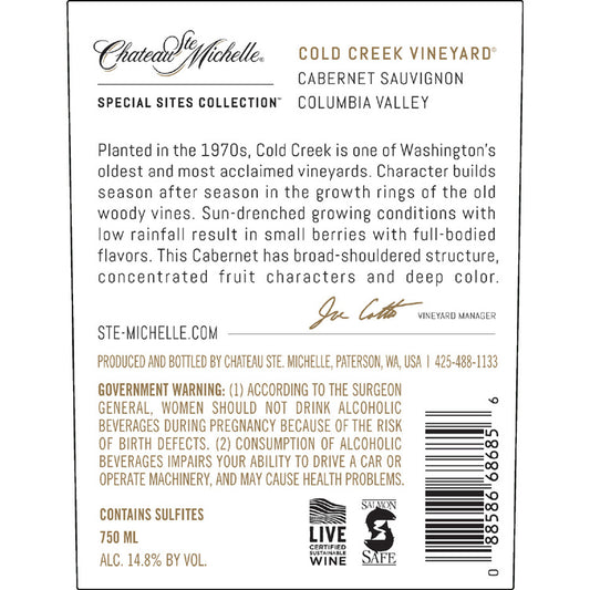 Chateau Ste. Michelle Cabernet Sauvignon Cold Creek Vineyard Columbia - 750ML - Back Label