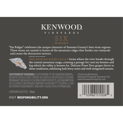Kenwood Pinot Noir Six Ridges Russian River Valley - 750ML - Back Label