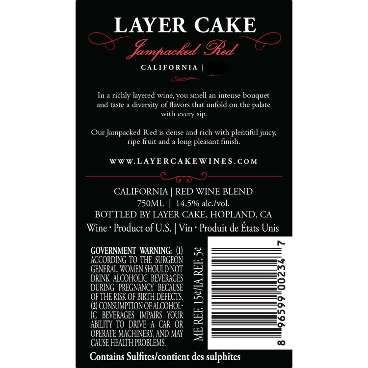 Layer Cake Jampacked Red California - 750ML - Back Label