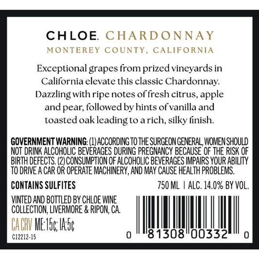 Chloe Chardonnay Sonoma County - 750ML - Back