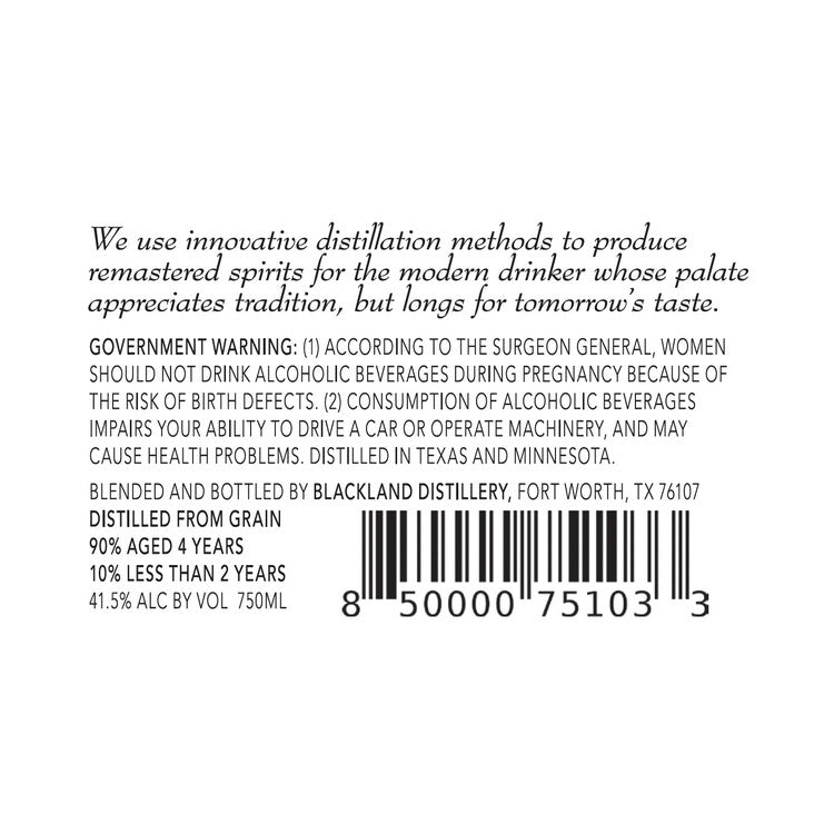 Blackland Rye Whiskey 83 - 750ML - Back Label