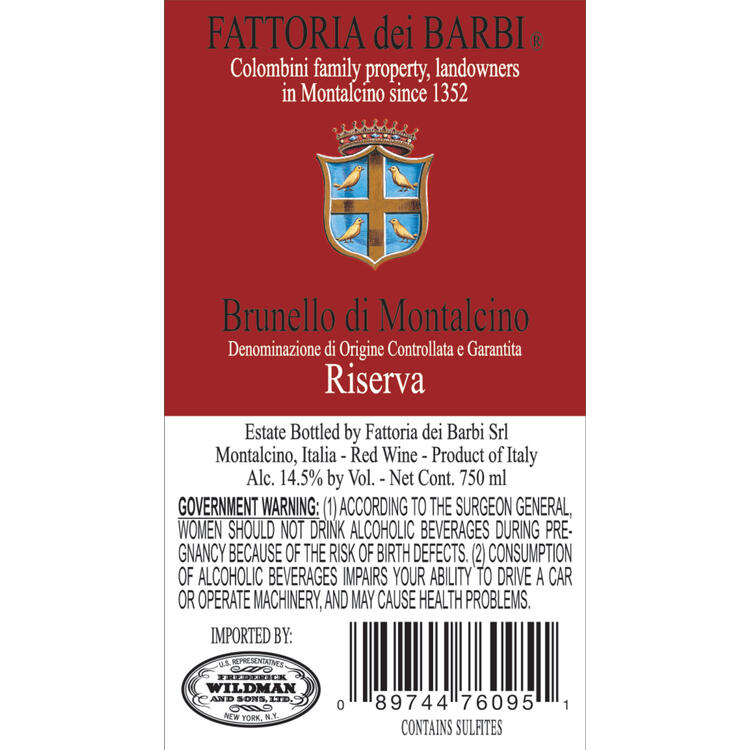 Fattoria Dei Barbi Brunello Di Montalcino Riserva 2019 - 750ML - Back Label