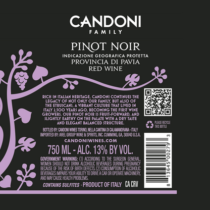 Candoni Pinot Noir Provincia Di Pavia - 750ML - Back Label