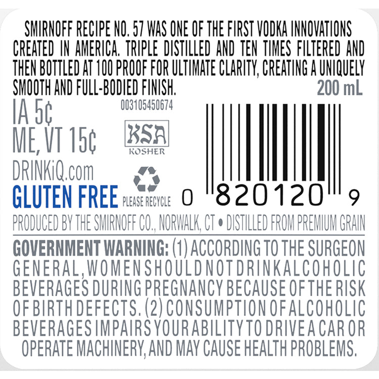 Smirnoff Vodka 100 - 200ML - Back Label