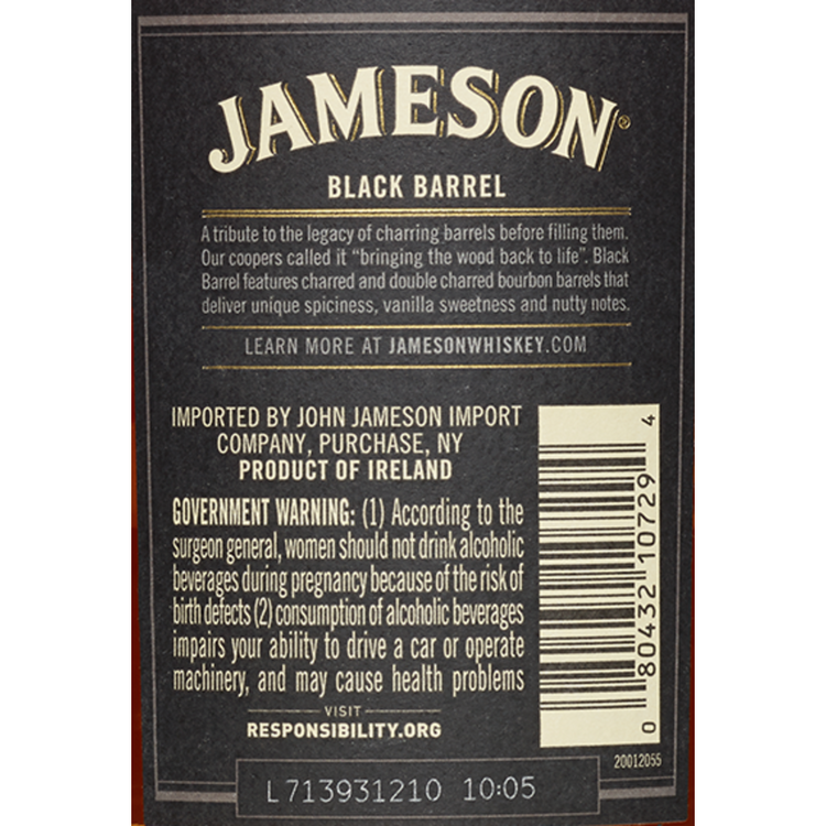 Jameson Blended Irish Whiskey Black Barrel Select Reserve Single Disti - 1.0L - Back Label