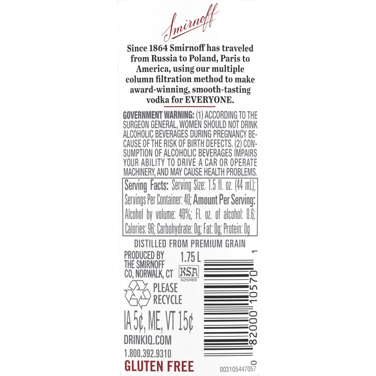 Smirnoff Vodka 80 - 1.75L - Back Label