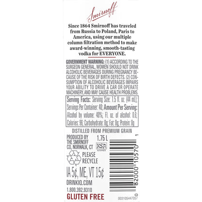 Smirnoff Vodka 80 - 1.75L - Back Label