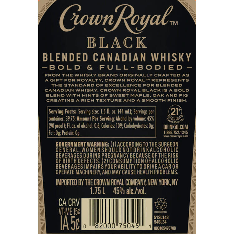 Crown Royal Canadian Whisky Black 90 - 1.75L - Back Label