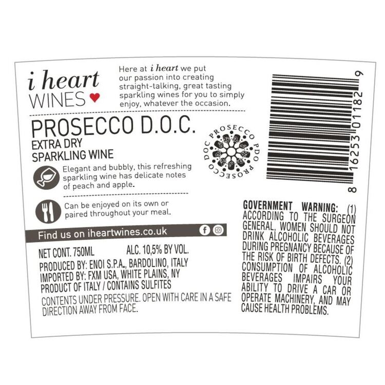 I Heart Wines Prosecco Extra Dry Elegant & Bubbly - 750ML - Back Label