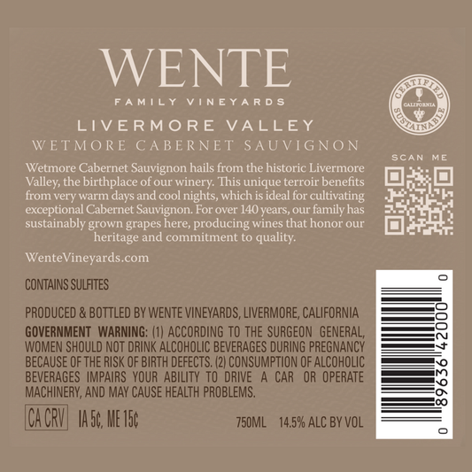 Wente Vineyards Cabernet Sauvignon Wetmore Livermore Valley 2022 - 750ML - Back Label