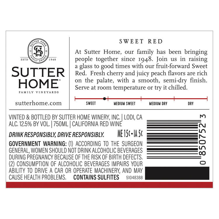 Sutter Home Sweet Red California - 750ML - Back Label