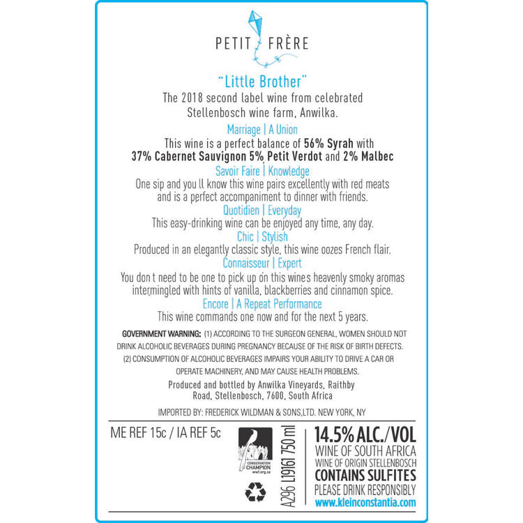 Petit Frere Red Wine Stellenbosch 2018 - 750ML - Back Label