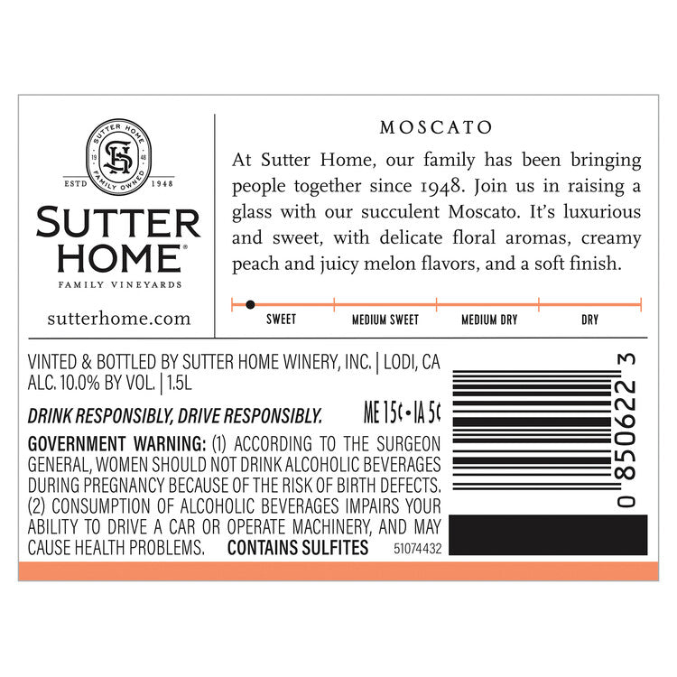 Sutter Home Moscato California - 1.5L - Back Label